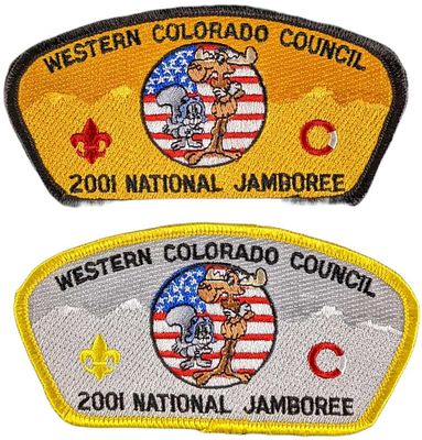 Two Western Colorado Council 2001 National Jamboree Patches. Both have cartoon characters 
