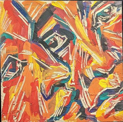 Joulia Vitaliy Carved Fresco on Masonite of two men sharing secrets. Is approx 12" x 11 1/2". 