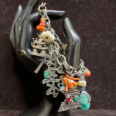 Asian Theme Charm Bracelet with Mixed Stone and Metal Symbol Charms. Heavy link charm bracelet 