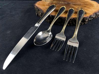 WATERFORD 4 Pc Setting Powerscourt Stainless Gold Accent Flatware (JB). This retired in 2011 4 