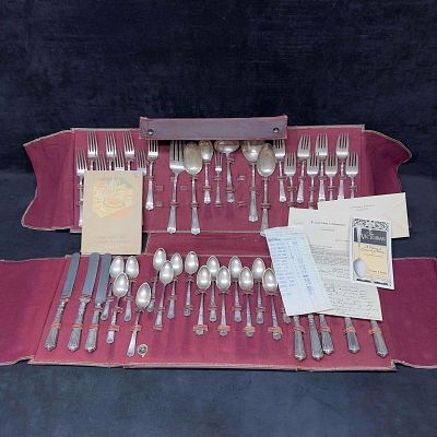 The Victorian Gorham Sterling Silver Flatware Service Dinner Set of 47 Pieces with Case. The 