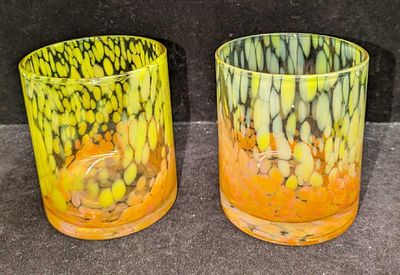 2 Mid Century Old Fashioned Drinking Glasses B. Each glass is approx 3 1/2" x 3 1/2" x 4" and 