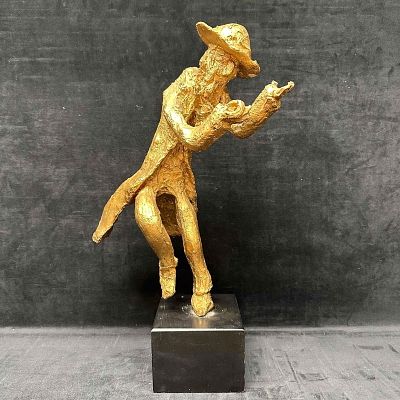 Modernist Resin Sculpture Golden Figure in Motion with Outstretched Hands on Wooden Base JB. This 