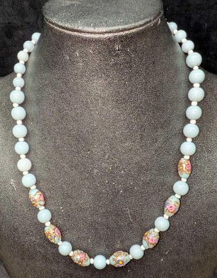 Vintage Italian Murano Blue And Gold Art Glass Bead Necklace RR. Glass beads with hand painted 