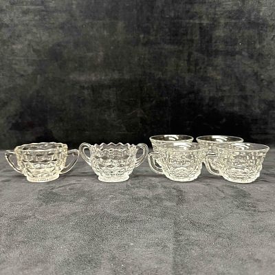 Fostoria American Cubist Pattern Design Creamer Sugar and Glass Cup Set. Six Fostoria glass 