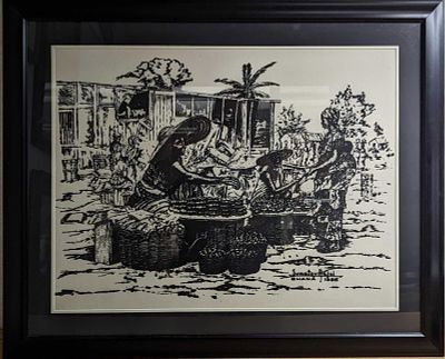 Framed Sowatey Adjei Tomato Sellers Ghana Print. Wearing over sized hats, women sit by their 