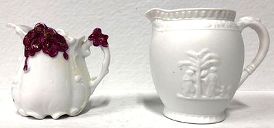 2 Small Cream Pitchers Wedgewood Style Porcelain Bisque and White Porcelain Magenta Floral Accent. 