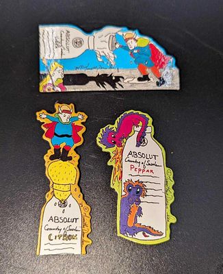 3 Absolut Vodka Peppar Advertising Art Pins / Brooches D. By Timothy Dean Lee. Each is made of 