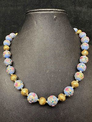Venetian Murano Lamp Work Glass Art Light Blue Round Gold Accent Beaded Necklace E93. Necklace 