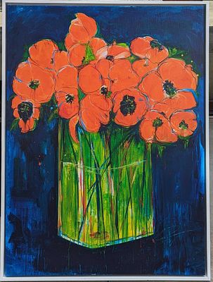 Framed Poppy Textured Print On Canvas. This was not signed by an artist. The framed print on 