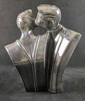 Iridescent Ceramic Couple Kissing Lindsey B Style. A beautiful modernist sculpture of a couple 