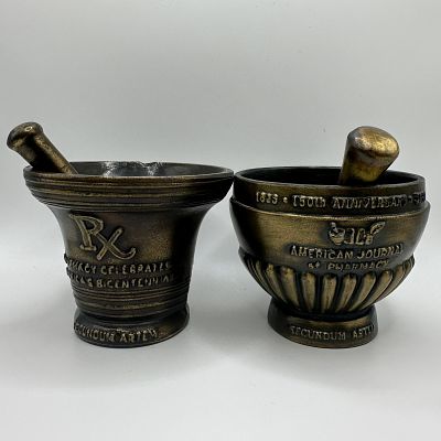 Pair of Pharmacy Bicentennial Commemorative Mortar and Pestle Sets Brass Bronze. Pair of cast 