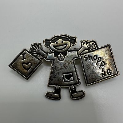 Sterling Silver Shopping Girl Figural Brooch A5. This item is in good pre-owned, previously 