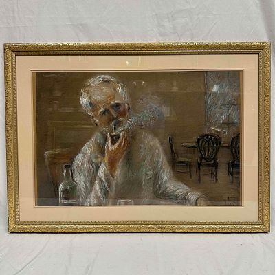 Pastel Drawing of an Old Man Smoking a Pipe Framed Artwork R152. Artist signature in the bottom 