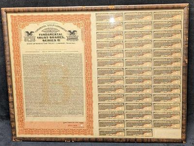 Framed ​​​​​​​Specimens 1940s Manhattan Trust Shares. Framed Specimens 1940s Manhattan Trust 