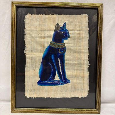 Framed Egyptian Bastet Cat Papyrus Artwork Blue Black Tones. Decorative Egyptian-style papyrus 