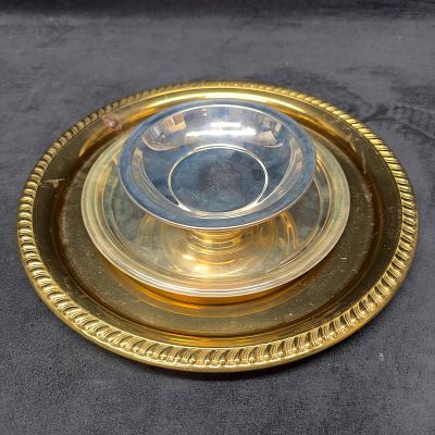 Set of Three Gold Silver Colored Metal Serving Trays Bowl Plate. This set includes a gold 