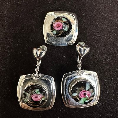 Amco Sterling Silver Floral Black Art Glass Accents Jewelry Set. These items are in good 