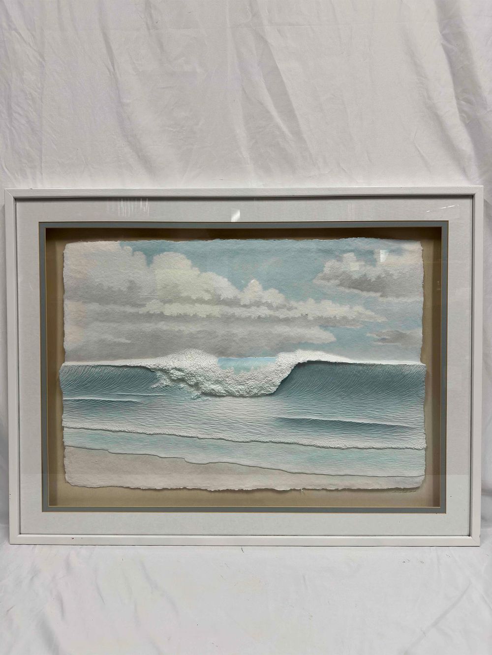 Lot 265: Ocean Break Blue Sea Waves and White Clouds Casting Paper Mixed Media Framed Art J