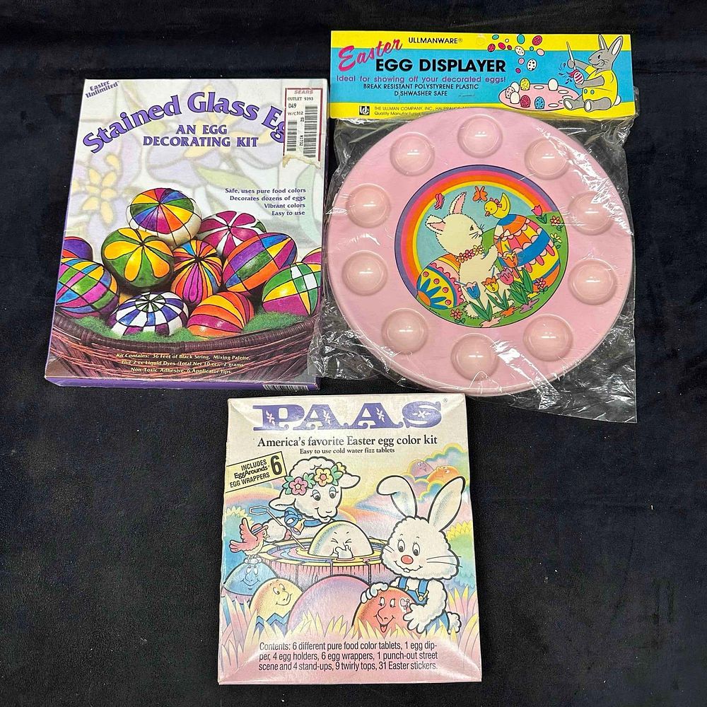 Lot 294: Easter Decorating Lot Stained Glass Eggs Kit Ullmanware Egg Displayer PAAS Egg Color Kit