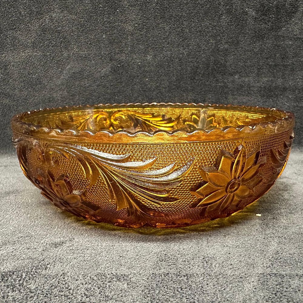 Lot 299: Amber Brown Pressed Glass Floral Pattern Serving Bowl Dish