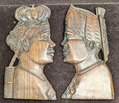 2 Hand Carved Hindu Bali Folk Art Relief Teak Wall Art. Each is approx 4 1/2" x 1/2" x 9" and 