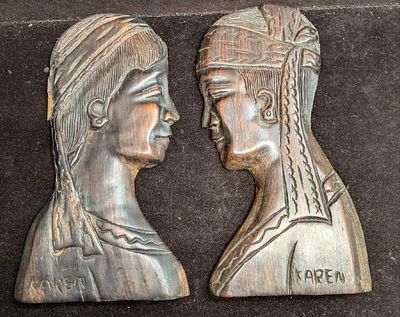 2 Hand Carved Karen Hindu Style Folk Art Relief Teak Wall Art. Each is approx 5 1/4" x 3/4" x 9 