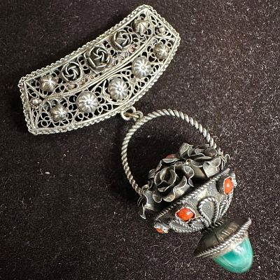 Antique Etruscan Revival 800 Silver Brooch with Fob Coral and Green Turquoise Charm. This item 