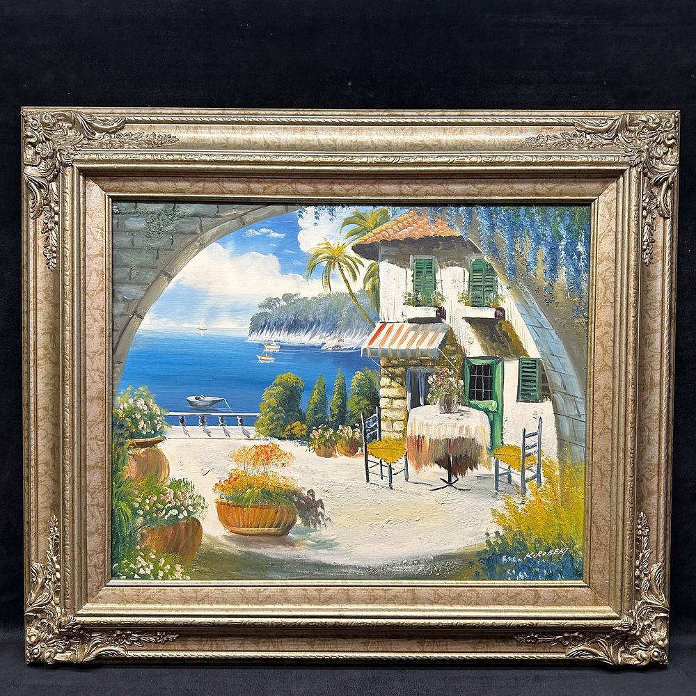 Lot 154: K. Robert Signed Original Oil Painting Mediterranean Villa Terrace by the Sea Framed