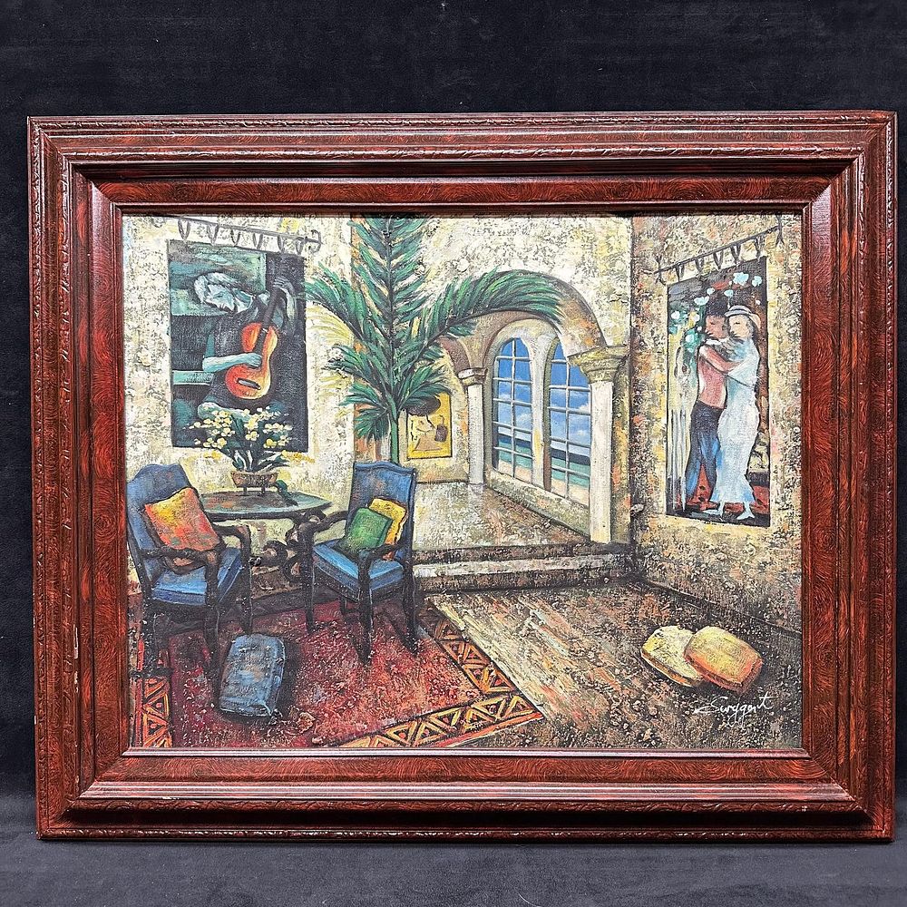 Lot 155: Signed Textured Oil Painting Interior Scene with Guitar Palm and Dancing Couple Wall Art