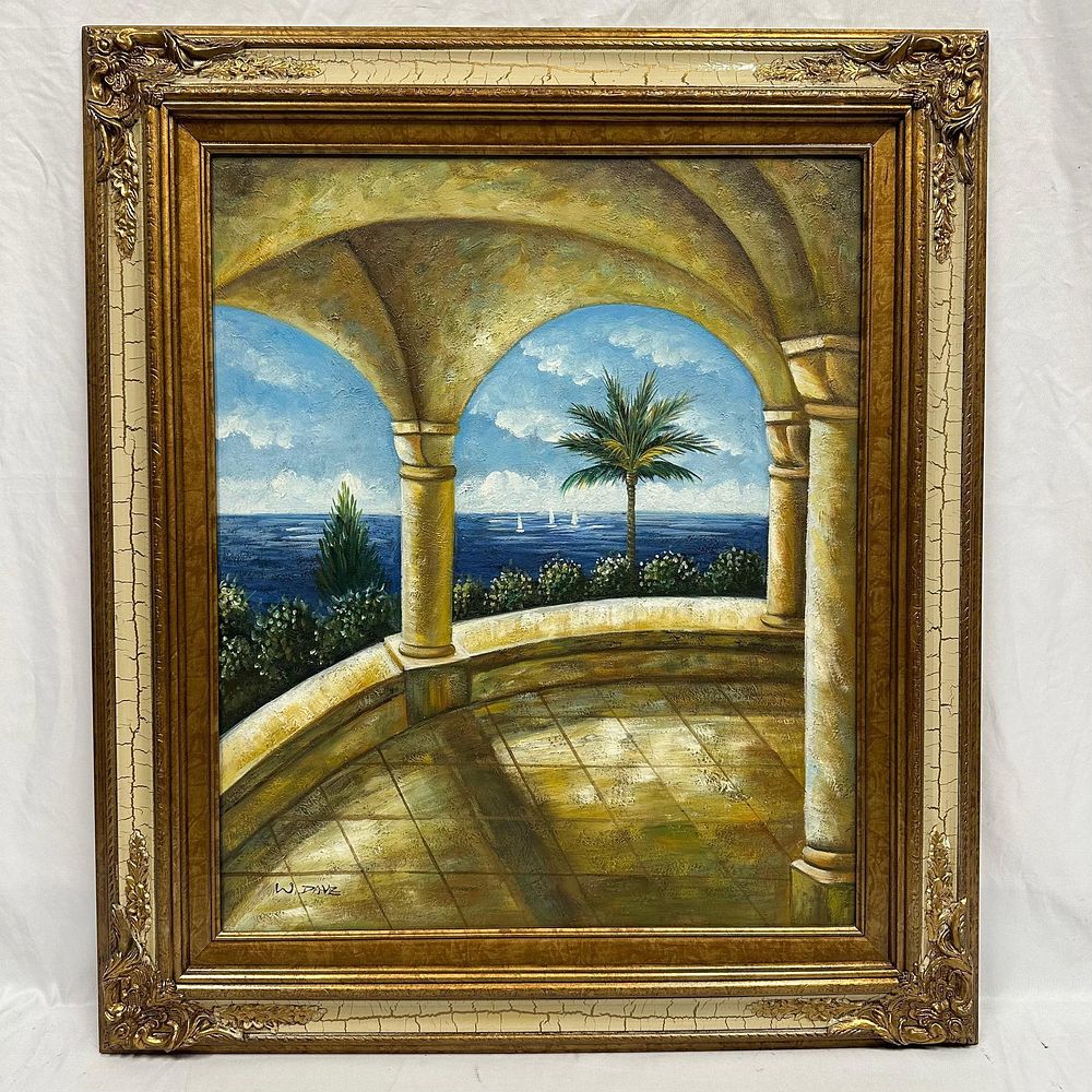 Lot 157: W. Dave Signed Original Oil Painting Mediterranean Style Terrace with Ocean View