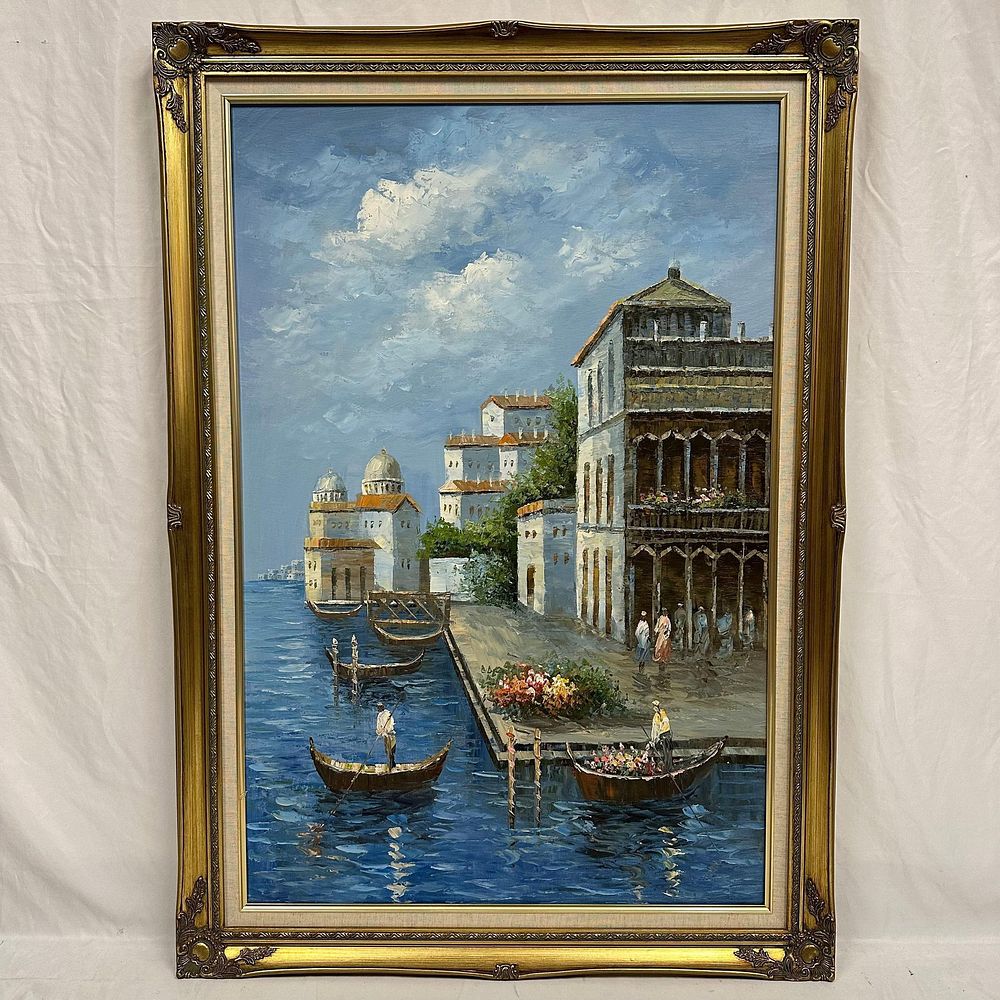 Lot 159: Large Venetian Canal Oil Painting Gondolas and Figures Along the Waterfront Framed