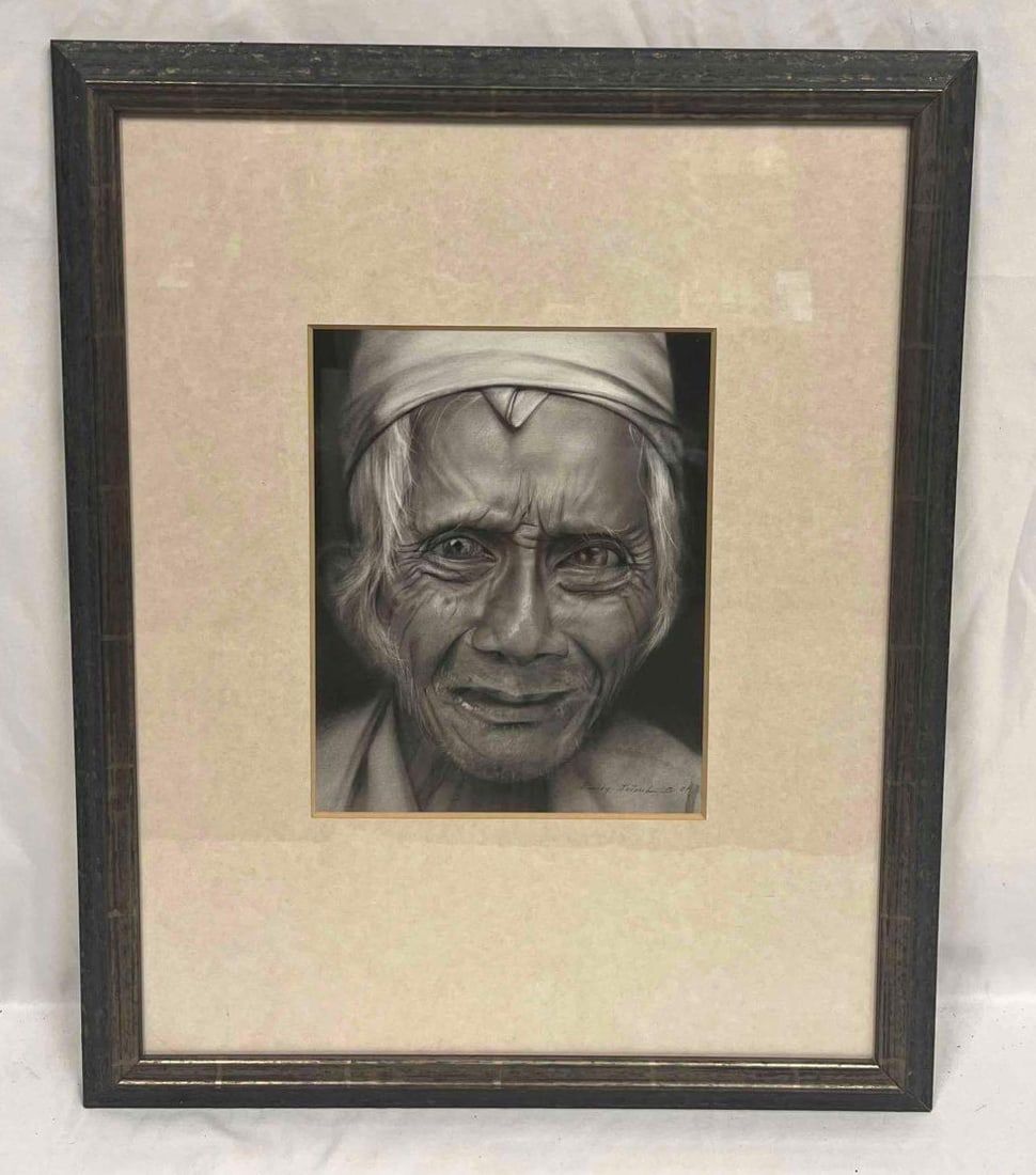Lot 172: Framed & Signed Original Portrait Chalk On Black Paper