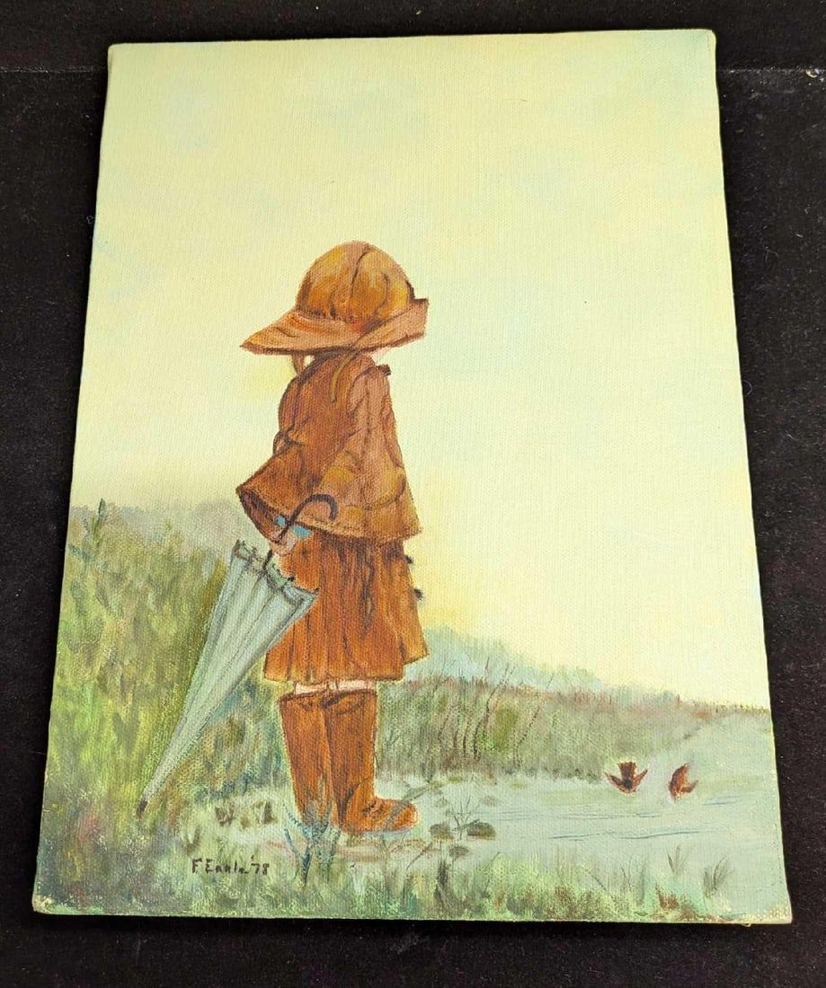 Lot 201: Small Original Acrylic On Canvas Child With Umbrella
