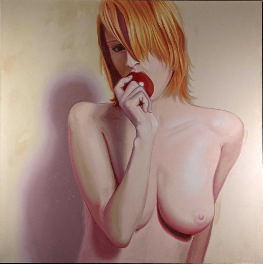 Lot 243: Acrylic On Canvas Jim Jackson Nude Girl With Apple