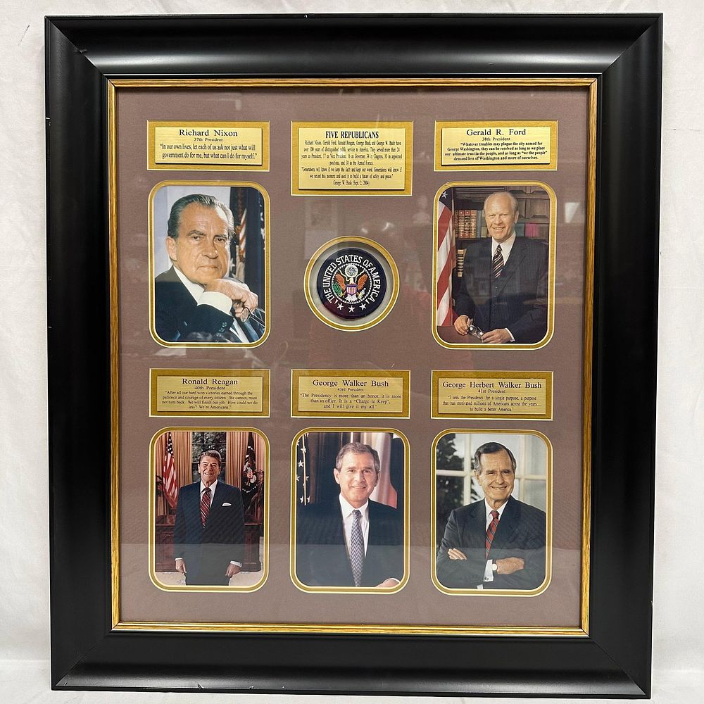 Lot 244: Framed Presidential Display Five Republicans Limited Edition 1892 of 2004 Portrait Collage