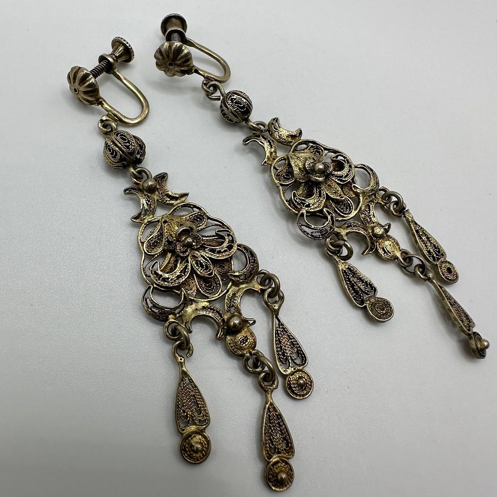 Lot 256: Intricate Vermeil Sterling Filigree Dangle Screw Back Earrings