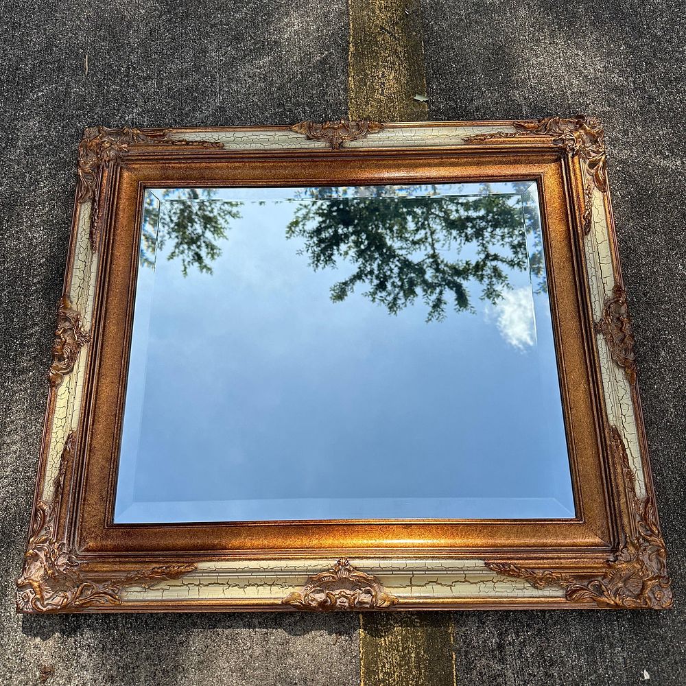Lot 293: Rectangular Ornate Beveled Wall Mirror Crackle Finish Style Frame