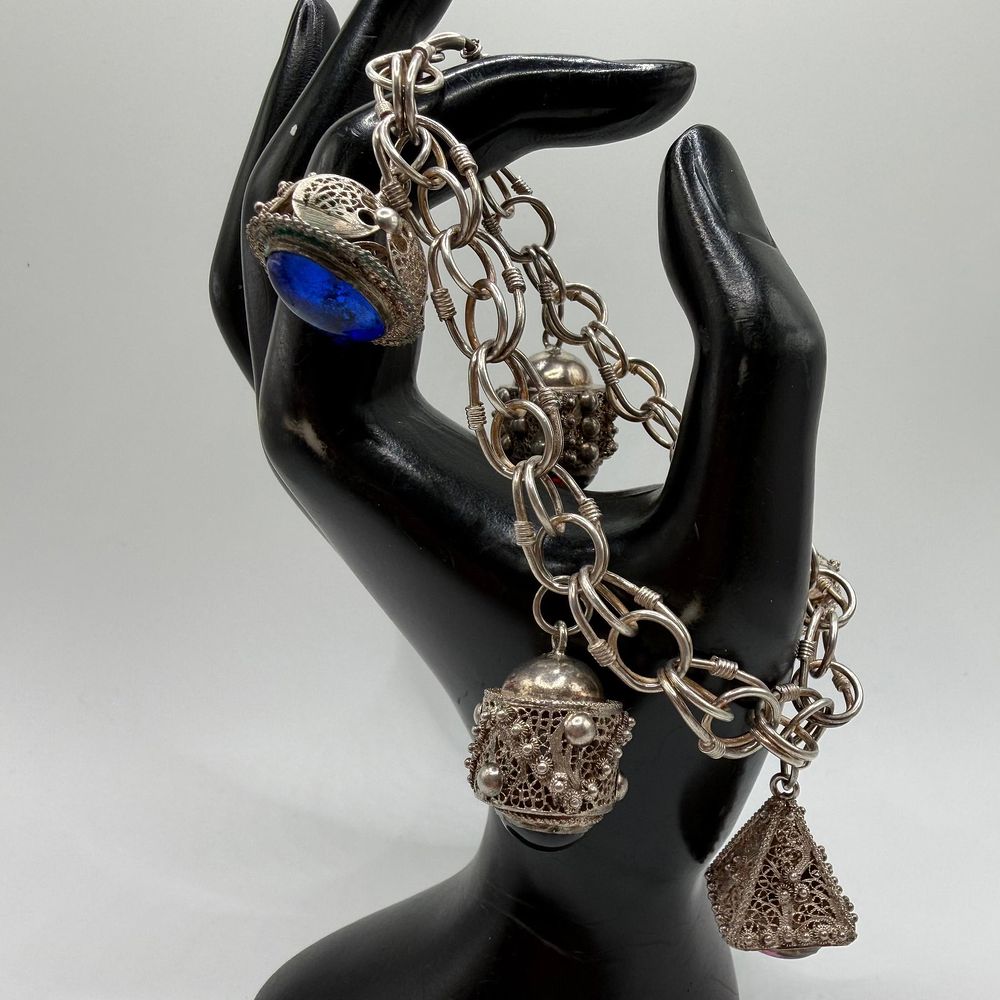 Lot 301: 835 Silver Filigree Fob Charm Oval Glass Cabochons Bracelet ER34