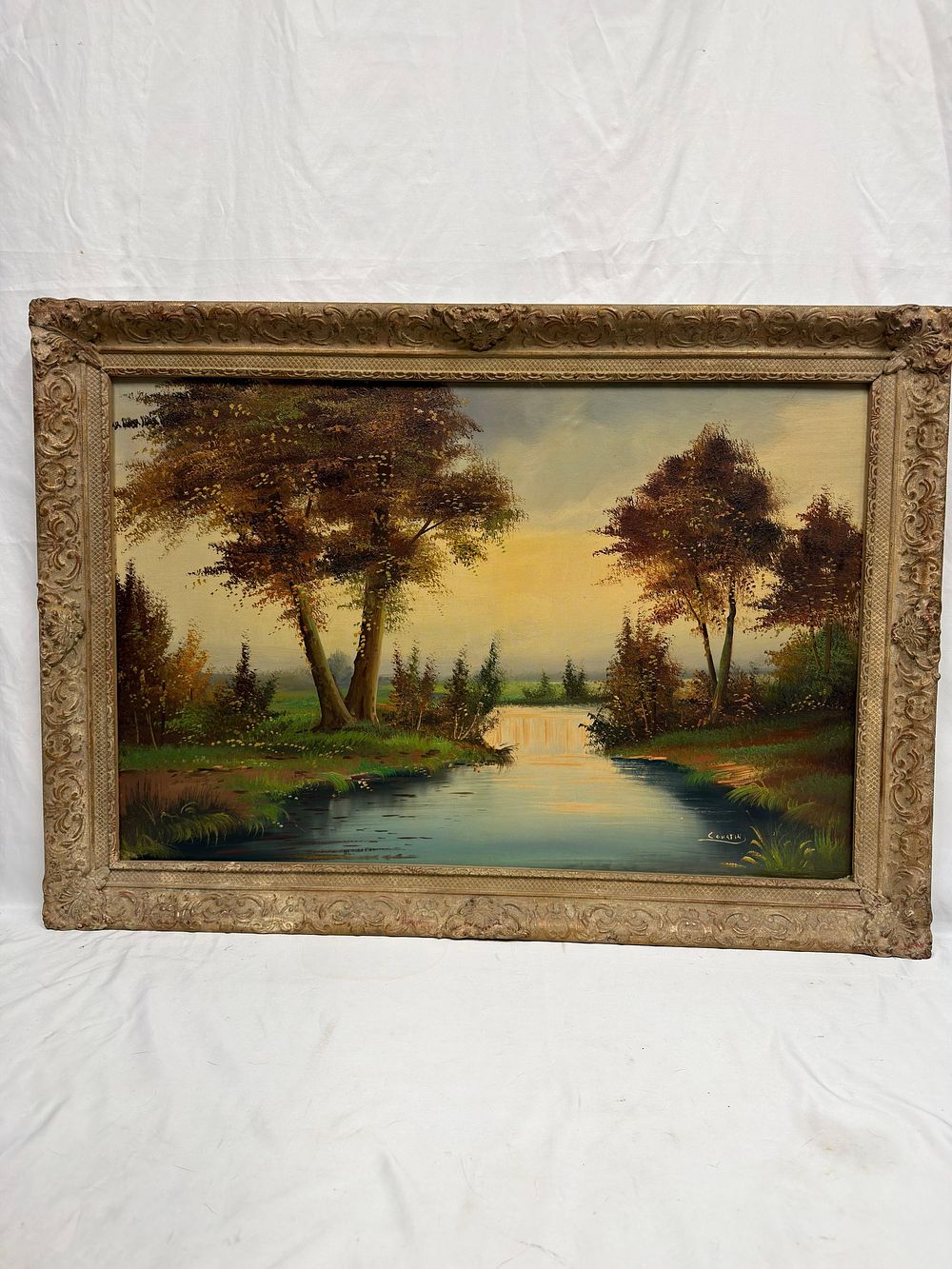 Lot 323: Signed Tranquil River Landscape Oil on Canvas Framed