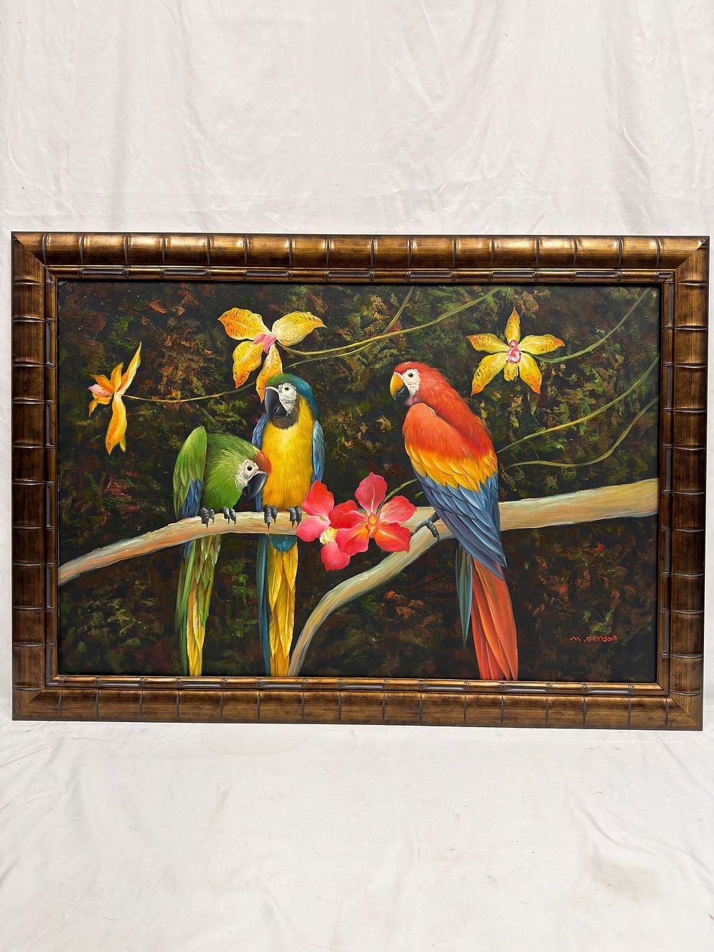 Lot 324: M Gordon Tropical Macaw Parrot Art Painting on Canvas Framed Bamboo Style Border