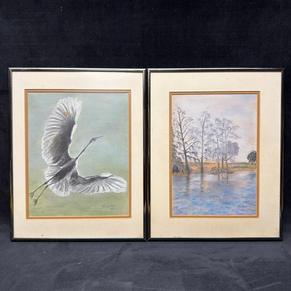 Lot 339: Pair of Signed Original Pastel Paintings Wildlife Bird and Landscape