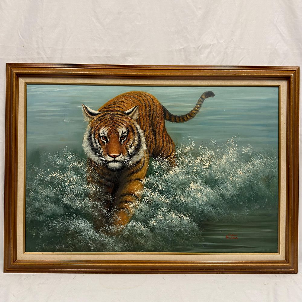 Lot 344: Signed Wildlife Oil on Canvas Painting of Bengal Tiger in Water Framed