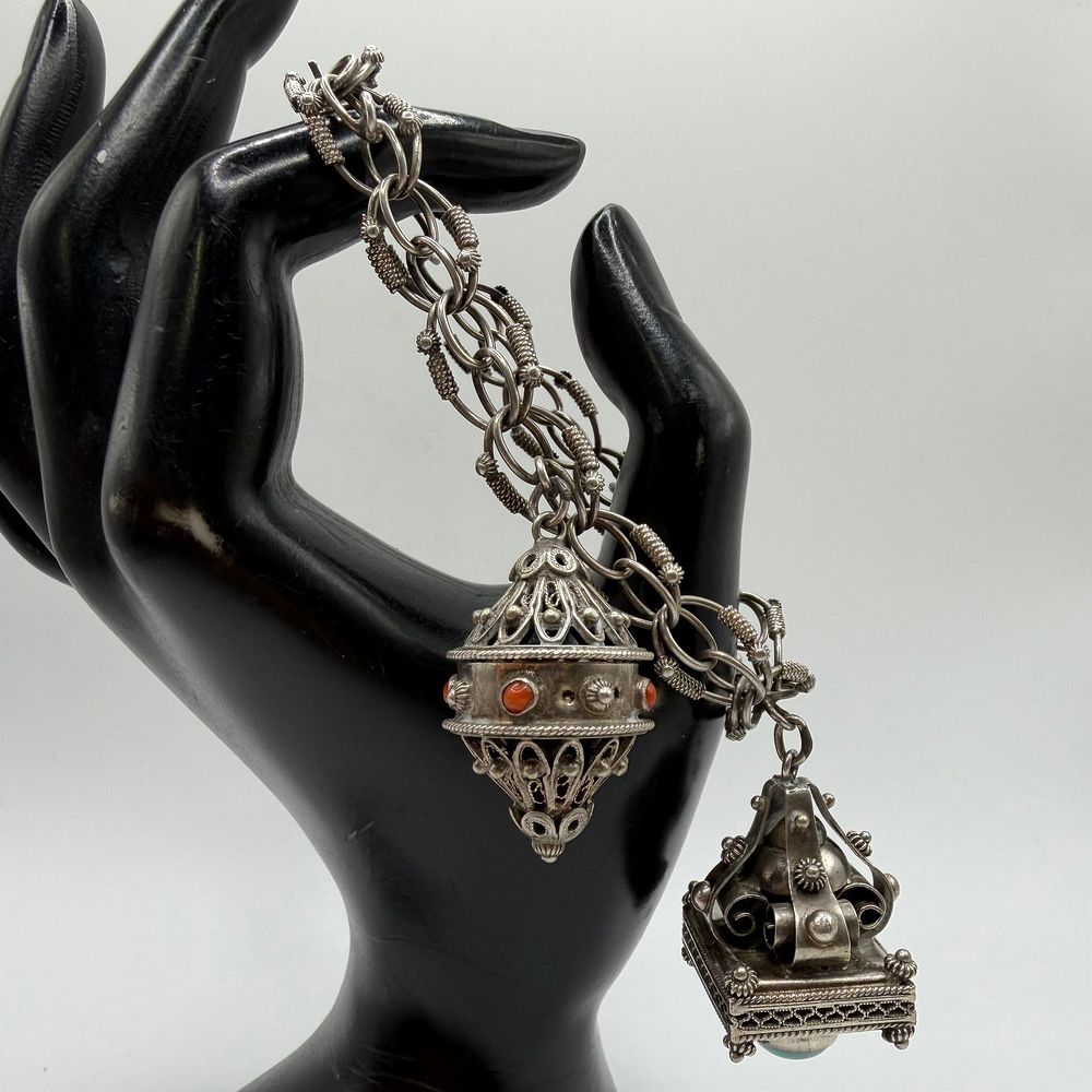 Lot 349: 830 Silver Etruscan Revival Style Intricate Filigree Coral Carnelian Turquoise Bracelet ER22