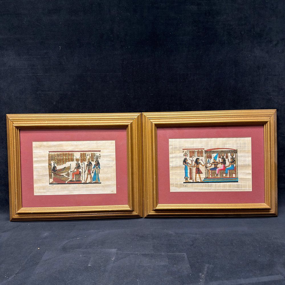 Lot 366: Pair of Hand-Painted Egyptian Papyrus Paintings in Framed Presentation