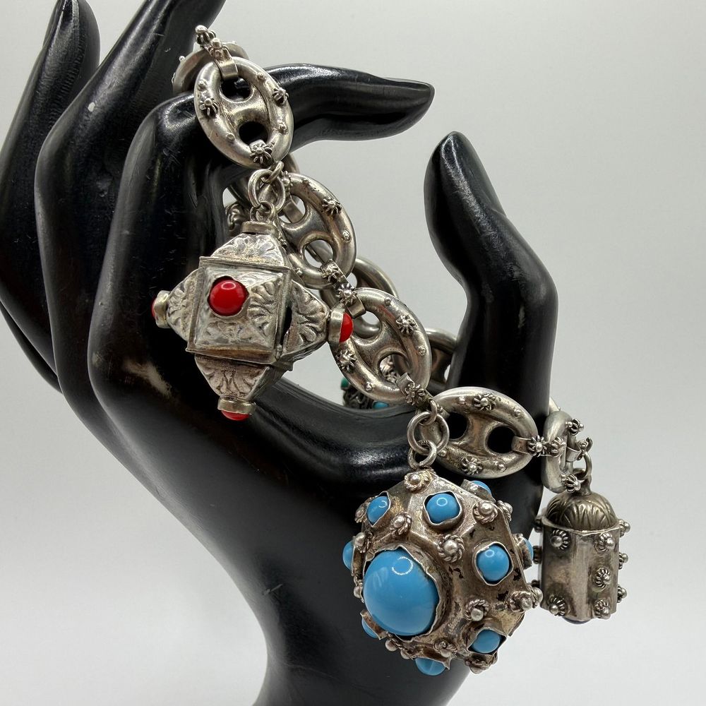Lot 369: 800 Silver Etruscan Revival Style Intricate Filigree Faux Glass Stone Bracelet ER23