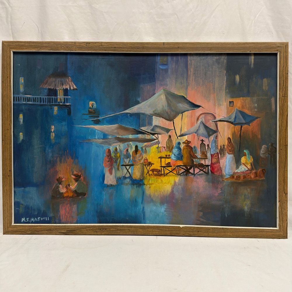 Lot 370: MT Marie Masotti Signed Artwork on Canvas Night Market Scene Framed