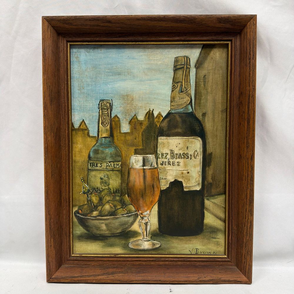 Lot 374: V Brown Still Life Oil on Canvas Painting of Sherry Bottles and Olives