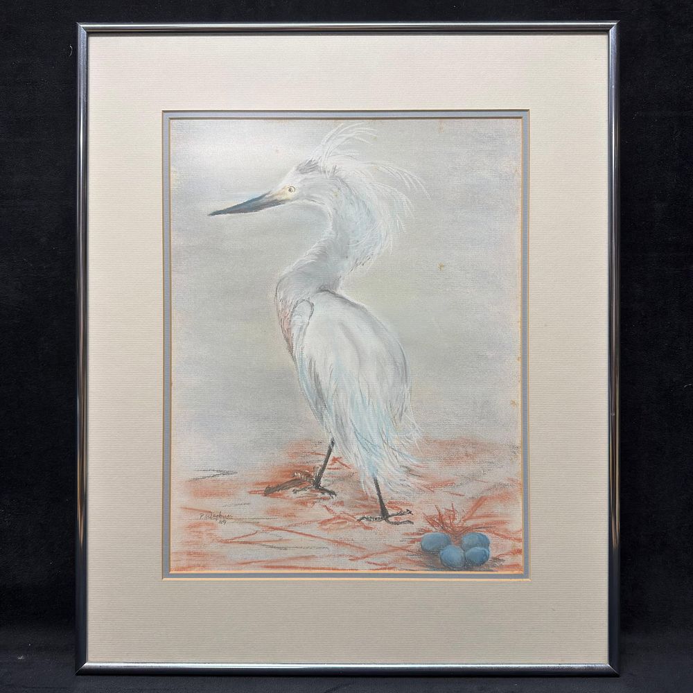Lot 382: Signed Original Pastel Painting Wildlife White Bird Framed