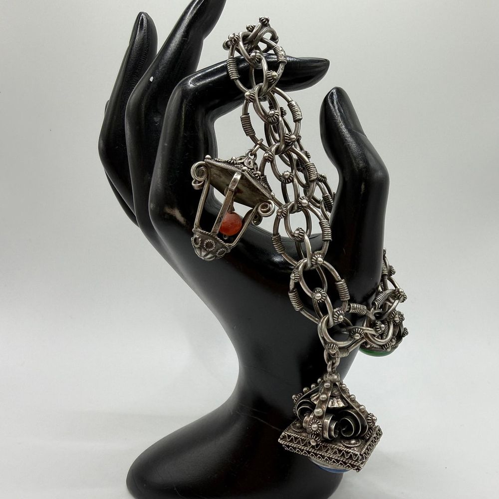 Lot 384: Italian 800 Silver Multi Stone Charm Bracelet Italy ER31